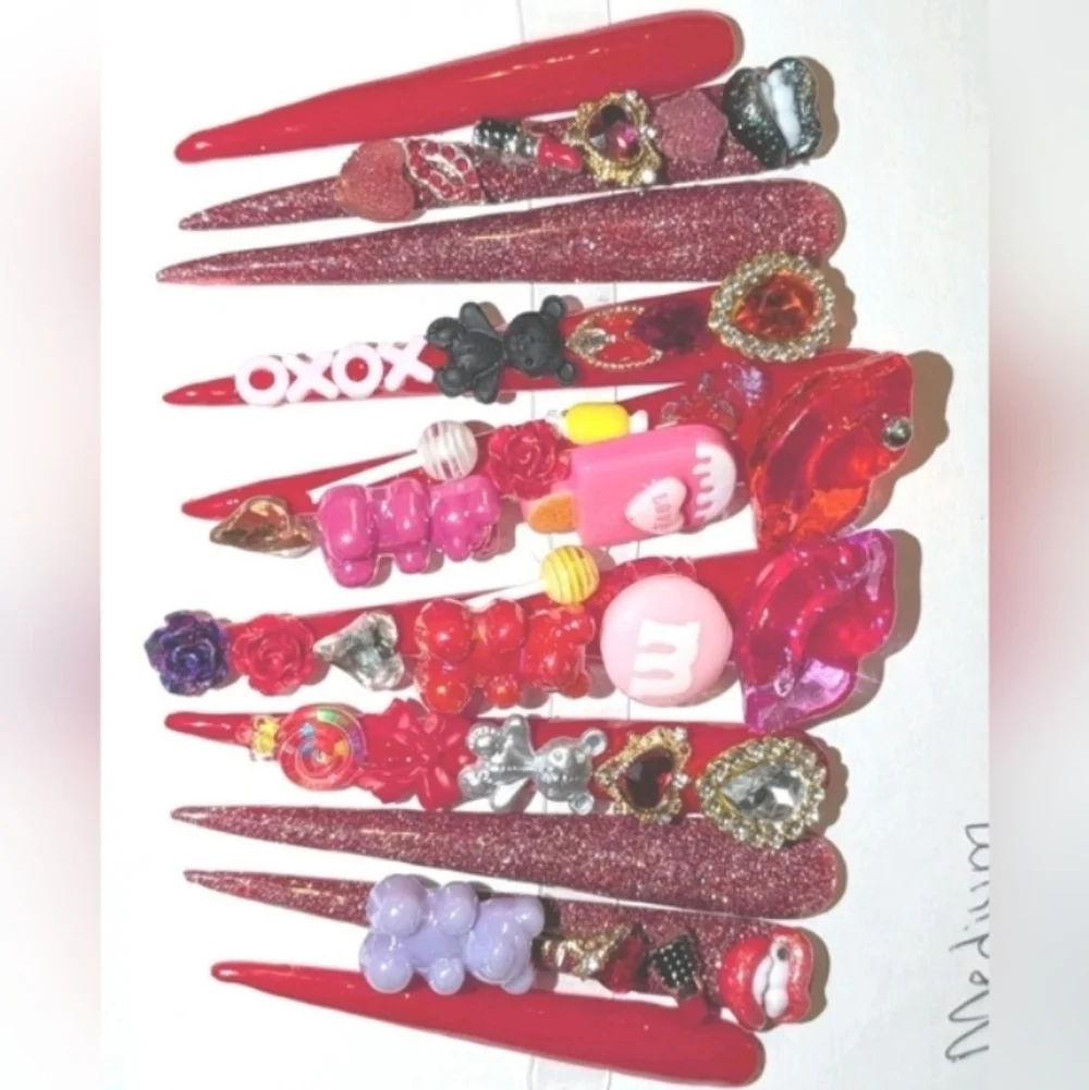 Red and Pink Decorative 4xl Acrylic Press On Nail Set Sz Medium